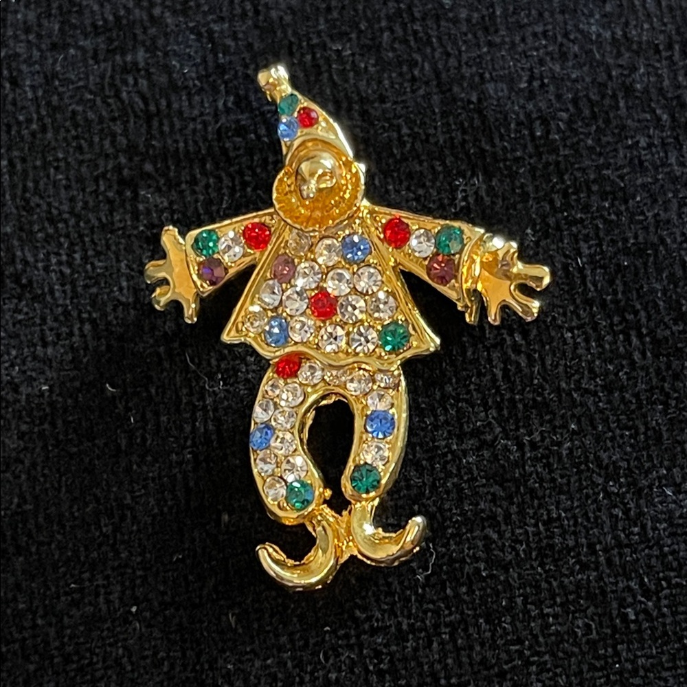 vintage articulated brooch clown gold tone rhinestones moveable parts